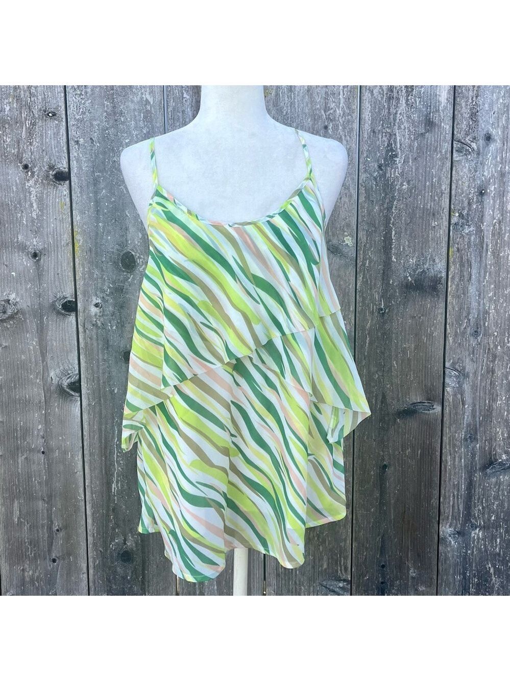 Rosemunde Copenhagen Tiered Fluttery Yellow and Green Striped Tank - Size Large